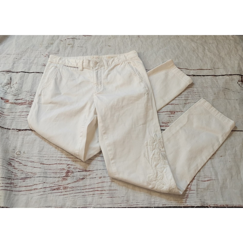 Anthropologie Chino Relaxed White Embroidered Floral Straight Leg Pants Size 27